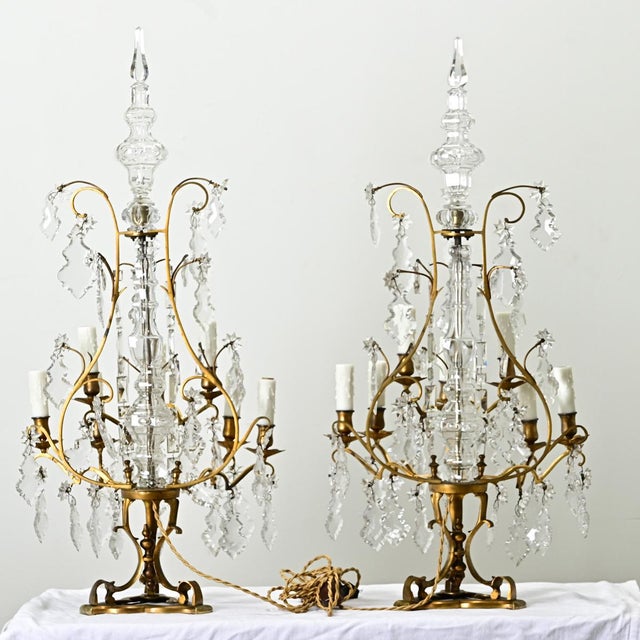 Large French 19th Century Brass & Crystal Girandole Lamps - A Pair For Sale - Image 12 of 12