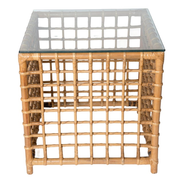 Mid-Century Modern Square Series Rattan Side Table USA 1970s Attributed to Henry Olko For Sale