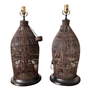 1960s Handwoven Wicker / Rattan Basket Lamps on Ebonized Bases - a Pair For Sale
