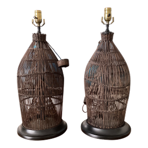 1960s Handwoven Wicker / Rattan Basket Lamps on Ebonized Bases - a Pair