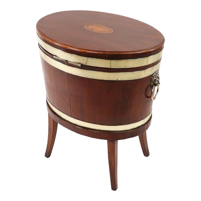 Late 18th Century English George III Oval Double Banded Mahogany Cellarette With Lion Pulls For Sale