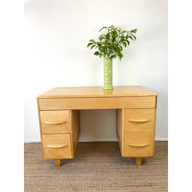 Vintage Rare Heywood Wakefield Straight Student Desk streamline mid-century modern style made of a light wood, like birch...