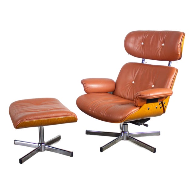 MCM Style Mid to Late 20th Century Plycraft Lounge Chair & Ottoman in Saddle Color Italian Leather For Sale