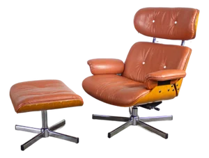 MCM Style Mid to Late 20th Century Plycraft Lounge Chair & Ottoman in Saddle Color Italian Leather