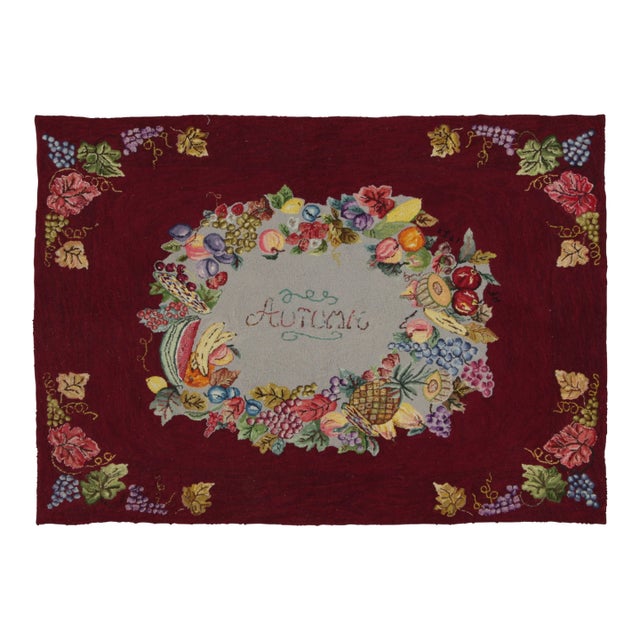 Antique Hooked Rug With Fruit Wreath on Burgundy Field & Vine Border - Rug & Kilim For Sale