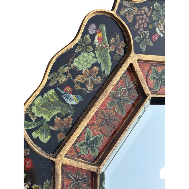 Stunning Robert M. Weiss Octagonal Mirror in Hand-Painted, Reverse Painted Glass & Wood Frame Circa late 20th century....
