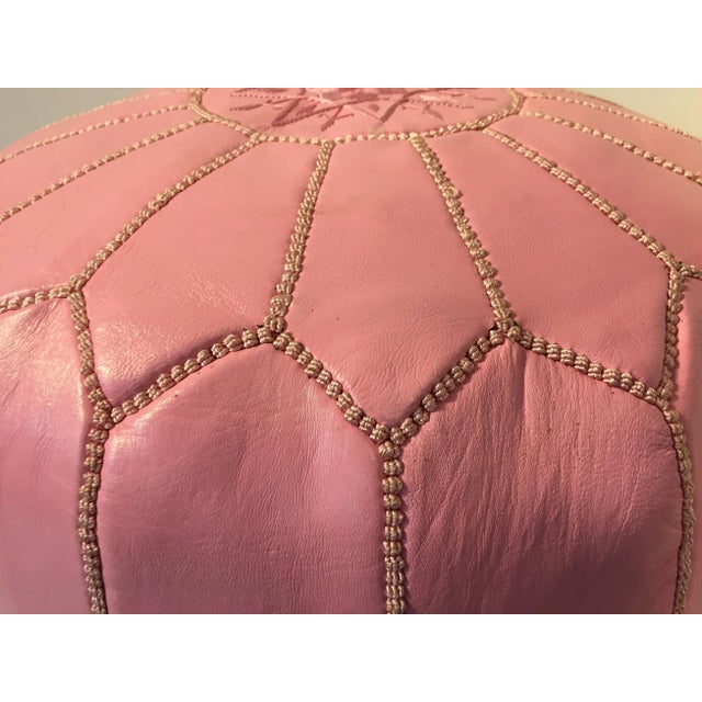 Moroccan Vintage Mid Century Moroccan Baby Pink Color Hand Tooled Leather Pouf For Sale - Image 3 of 9