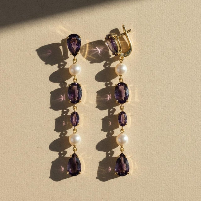 Modern Amethyst & Pearl Drop Multi-Shape Earrings, Silver, Gold, Pair For Sale - Image 3 of 7
