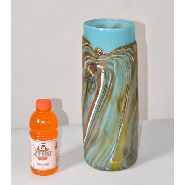 Vintage Studio Art Blown Glass Heavy Vase Vessel Turquoise and Hues