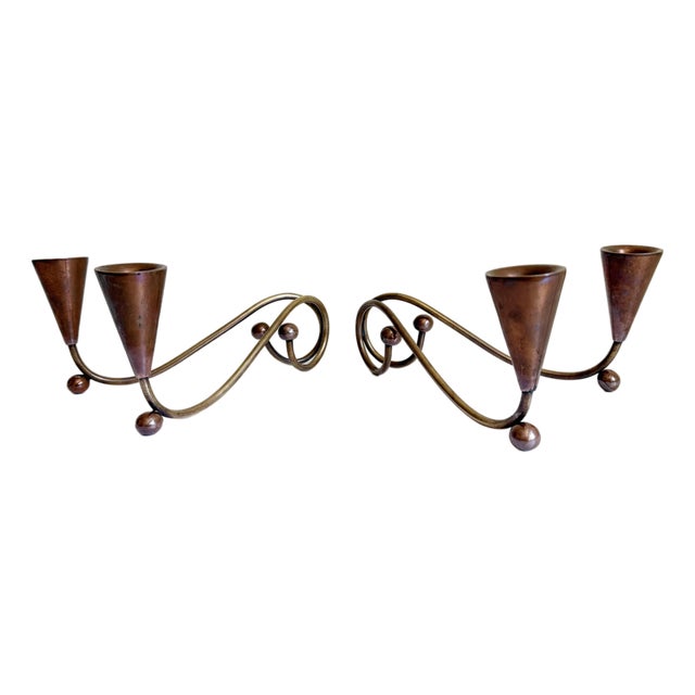 1960s Los Castillos-Style Modernist Brass & Copper Candle Holders - A Pair For Sale