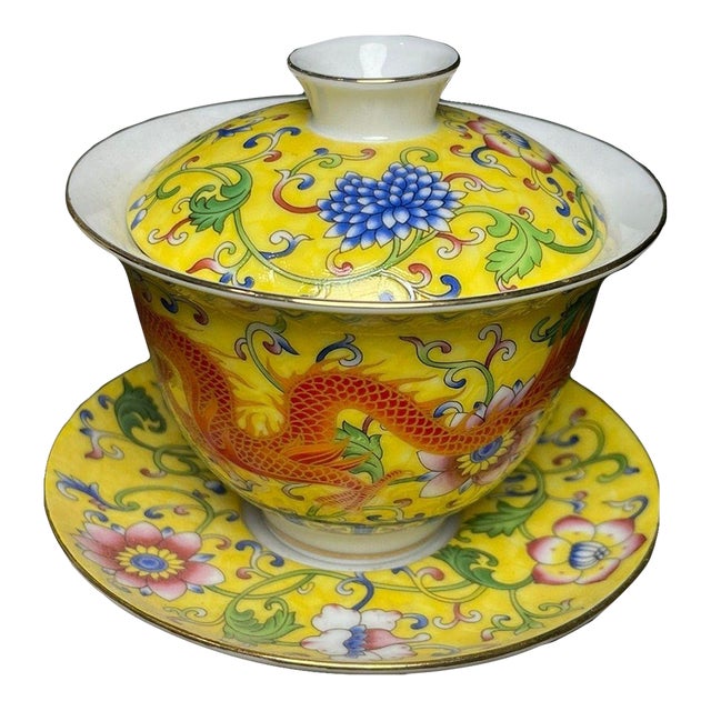 Vintage Chinese Yellow Ground Famille Rose Gaiwan Tea Set With Dragon Motif For Sale
