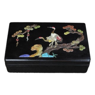 Vintage Chinese Rosewood Box | Mother-of-Pearl & Gemstone Inlaid Crane & Pine Motif For Sale