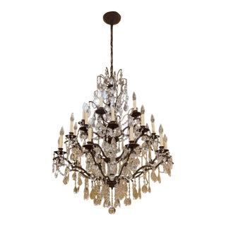 1970s Monumental French Baccarat-Style Crystal and Bronze Chandelier, 24-Light Three-Tier Form For Sale