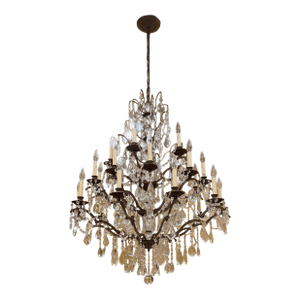 1970s Monumental French Baccarat-Style Crystal and Bronze Chandelier, 24-Light Three-Tier Form