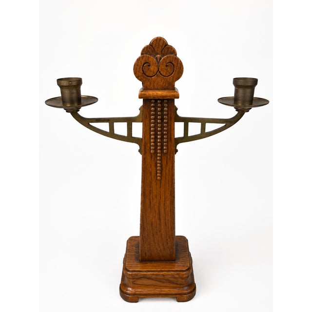 Brown Art Deco Amsterdam School Oak and Brass Candlesticks, 1920s, Set of 2 For Sale - Image 8 of 10