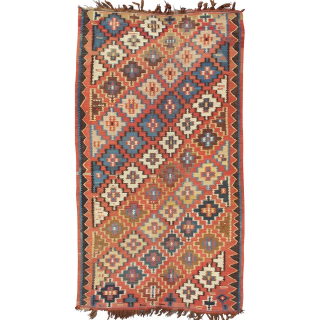 Antique Caucasian Kuba Kilim With All-Over Diamond Design in Rust & Blue Colors For Sale