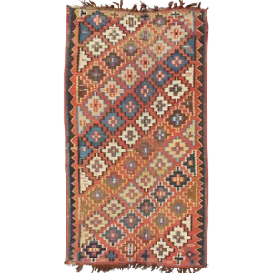 Antique Caucasian Kuba Kilim With All-Over Diamond Design in Rust & Blue Colors