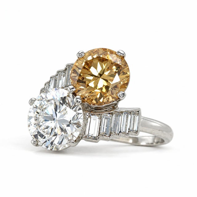Mid-Century Modern Vintage, 1950's Diamond and Natural Brown Diamond Toi Et Moi Ring, Platinum, Size 7.5 For Sale - Image 3 of 7