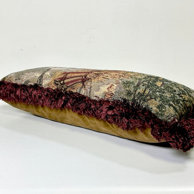 1980s Vintage Rustic European Boho Chic Tapestry Style Fringed Lumbar Decorative Pillow For Sale - Image 9 of 13