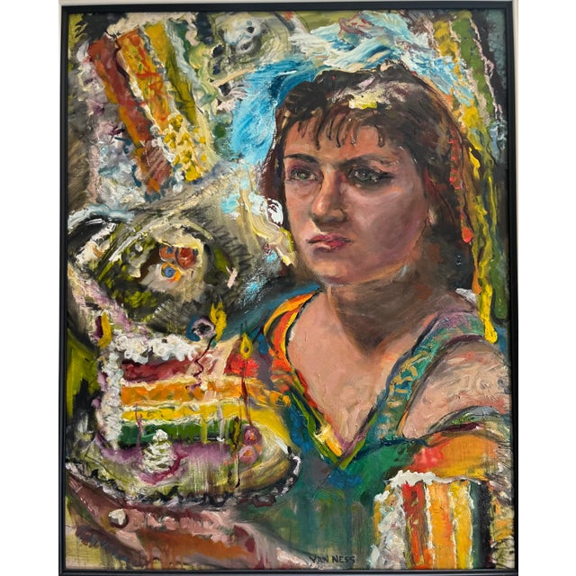 2020s “Girl With Cake", Original Abstract Oil Painting, by Van Ness For Sale - Image 5 of 11