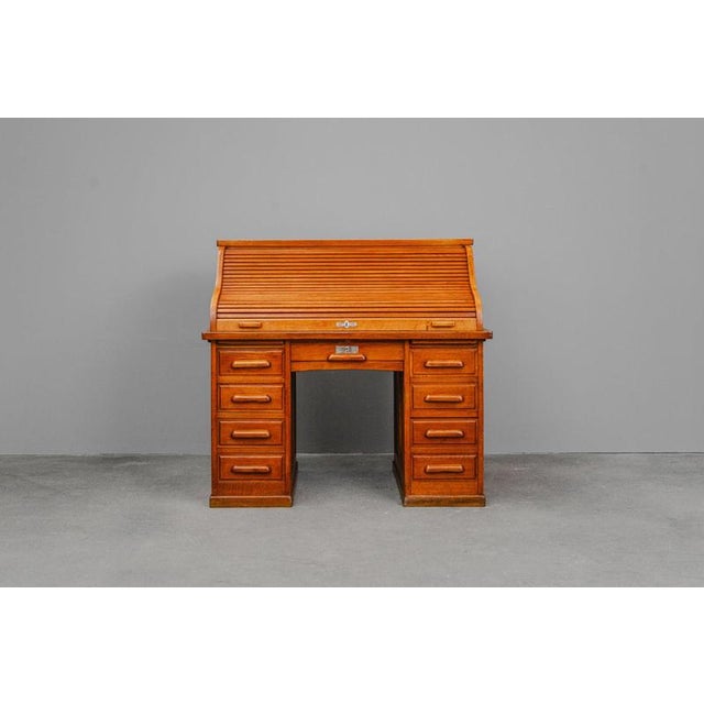 Industrial Style Oak Roll-Top Desk, Early 20th Century For Sale - Image 3 of 18