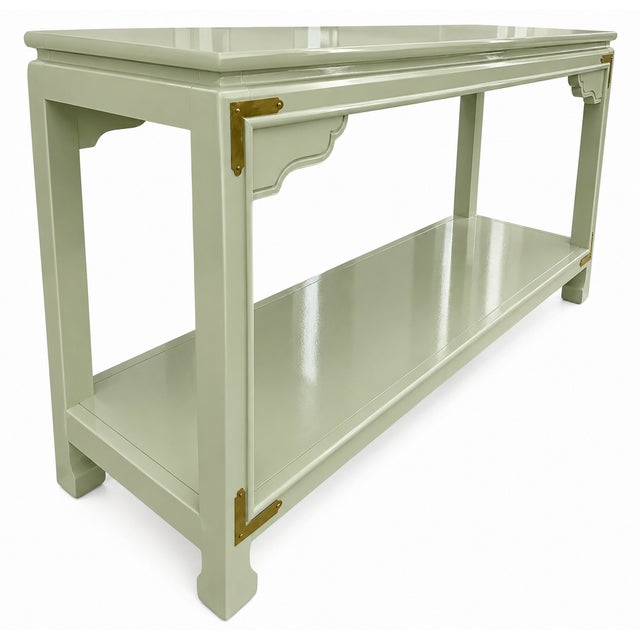 Mid 20th Century Chinoiserie Console Table in High-Gloss Lacquer With Brass Corner Accents For Sale - Image 5 of 6