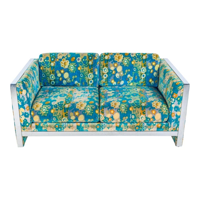 Green 1970s Sofa Set With Jack Lenor Larsen Cotton Velvet Fabric and Chrome Trim For Sale - Image 8 of 11