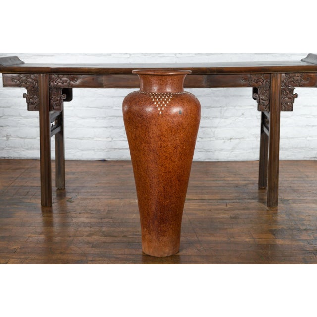 Brown Large Vintage Asian Handcrafted Vase with White Inlaid Triangular Motifs For Sale - Image 8 of 13