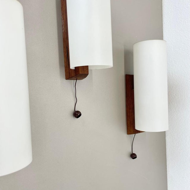 Vintage Satin White Glass and Teak Wall Lights, 1960s, Set of 2 For Sale - Image 14 of 18
