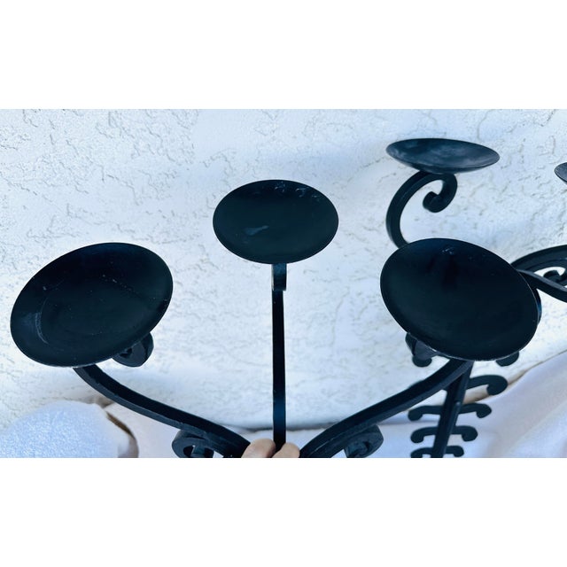 Black Three-Arm Hand-Forged and Hammered Iron Candle Sconces-a Pair For Sale - Image 8 of 10