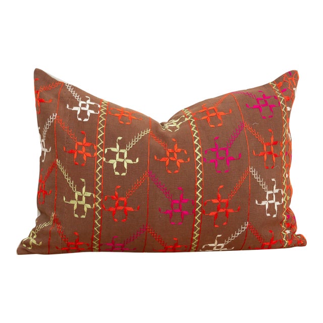 Mukstar Medallion, Antique Phulkari Lumbar Pillow Cover For Sale