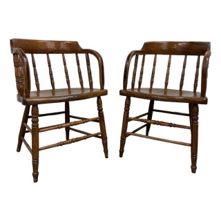 Antique 19th Century Primitive Oak Barrel Back Pub Chairs Captain’s Arm Chairs For Sale