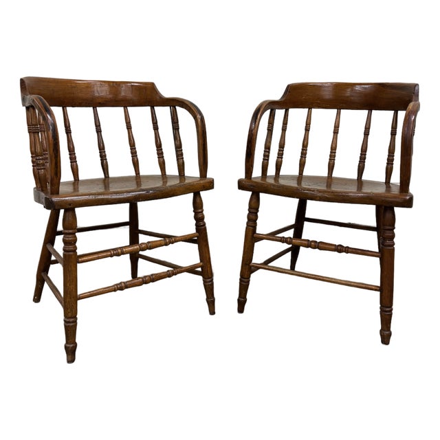 Antique 19th Century Primitive Oak Barrel Back Pub Chairs Captain’s Arm Chairs For Sale
