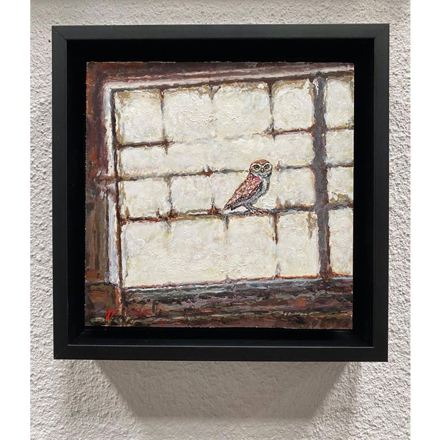 This mixed media work features a solitary burrowing owl perched within a grid-like window frame, creating a sense of...