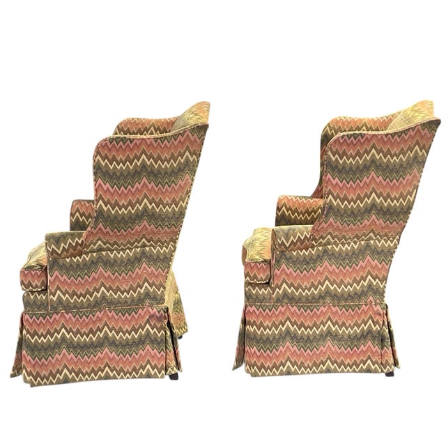 Harden Furniture Groovy Flame Stitch Wing Chairs by Harden, a Pair, Wingback Chairs, Vintage For Sale - Image 4 of 12