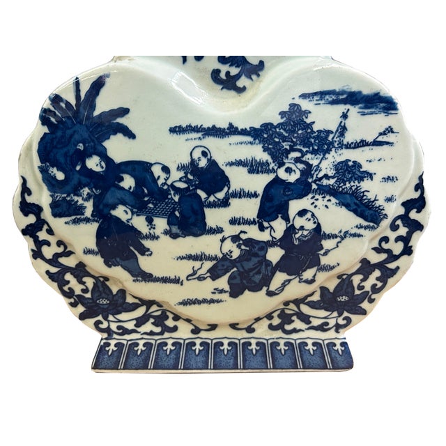 Oriental Blue White Heart Shape Flat Floral Elephant Ring Porcelain Vase For Sale - Image 12 of 12