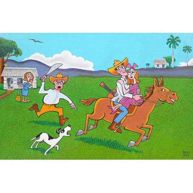 Farmer's Daughter acrylic painting signed Silvio. Measurements: Visual image - 23.5"H x 35"W, Frame 26.5"H x 39"W....