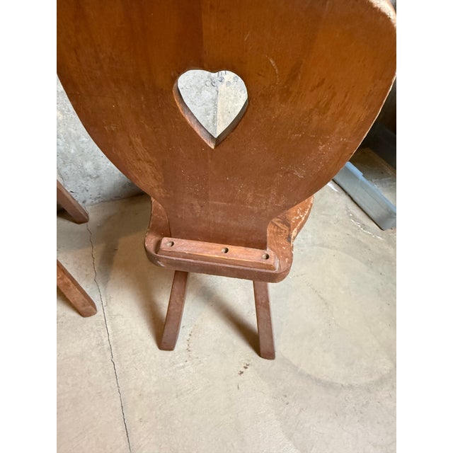 Mid-Century Modern Set of 6 Vintage Alpine Bavarian Heart-Cutout Plank Chairs (Brettstuhl)(Tyrolean) For Sale - Image 3 of 8