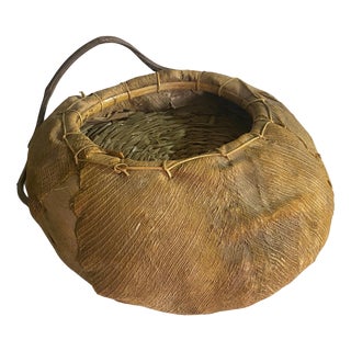 Large Italian Rattan and Wood Basket Bowl Centerpiece, 1970s For Sale