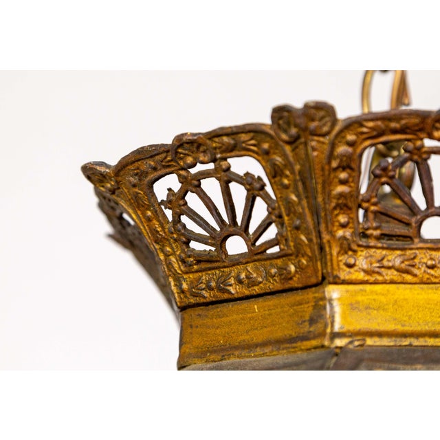 Arts & Crafts Early 20th Century Pale Green-Amber Slag Glass Pendant Light With Scenic Trim For Sale - Image 3 of 12