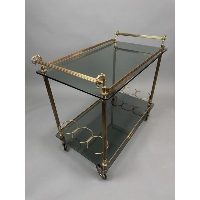Hollywood Regency Brass and Glass Bar Trolley For Sale - Image 5 of 7