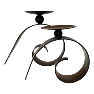 Vintage Modern Style Brutalist Hand Wrought Iron Abstract Candleholders- A Pair For Sale