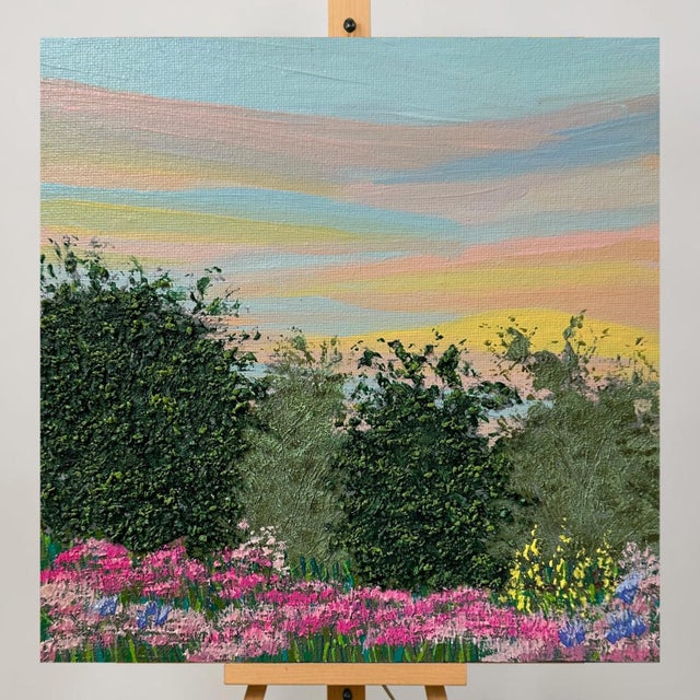 Elevate your space with this serene 8"x8" original acrylic painting. Featuring a vibrant morning meadow and sunrise with...