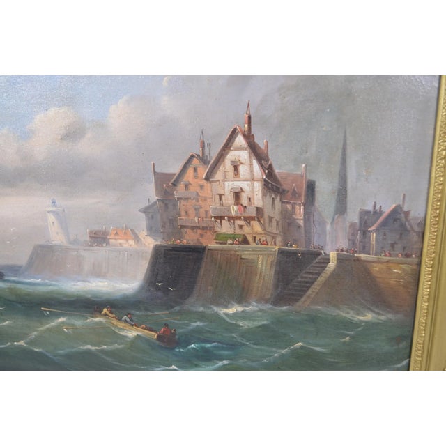 Textile Early 19th Century Northern European School "The Storm Arrives at the Port” Oil Painting on Canvas For Sale - Image 7 of 12