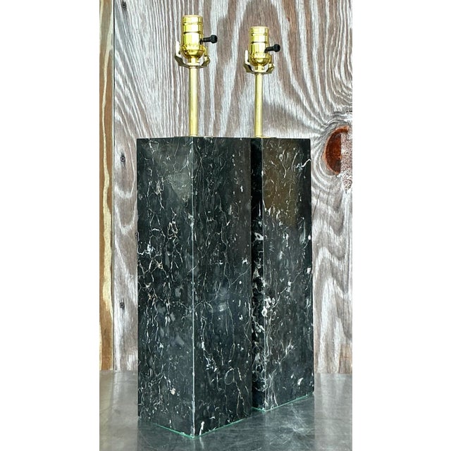 Black Vintage Boho Solid Black Marble Lamps - a Pair For Sale - Image 8 of 10