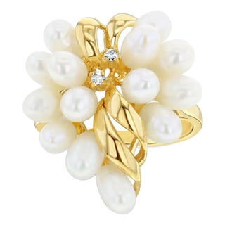 Freshwater Pearl Grape Cluster Cocktail Ring with Diamond Accents 14k Yellow Gold, Size 9 For Sale
