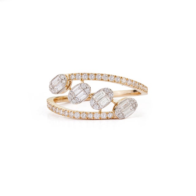 VR Jewels Certified 14k Solid Yellow Gold Baguette & Round Diamond Pave Bypass Ring Size 8 For Sale - Image 4 of 17