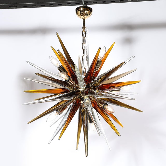 Modernist Mixed Hand-Blown Murano Glass Spike Form Sputnik Chandelier W/ Brass For Sale - Image 4 of 18