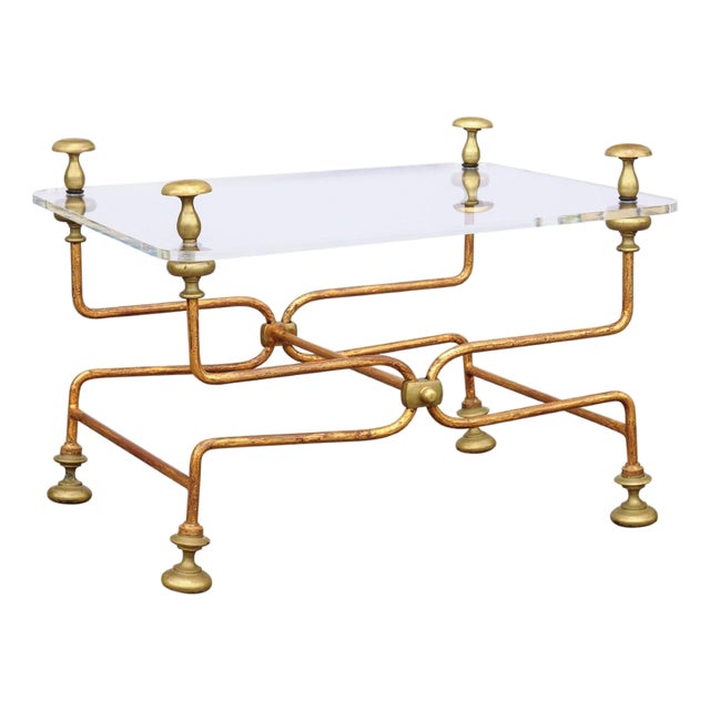 Midcentury Italian Vintage Brass Cocktail Table with Lucite Top and Looping Base For Sale