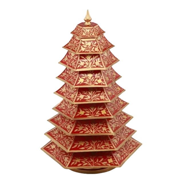 Tole Red/Gold Chinoiserie Christmas Tree, 12" For Sale
